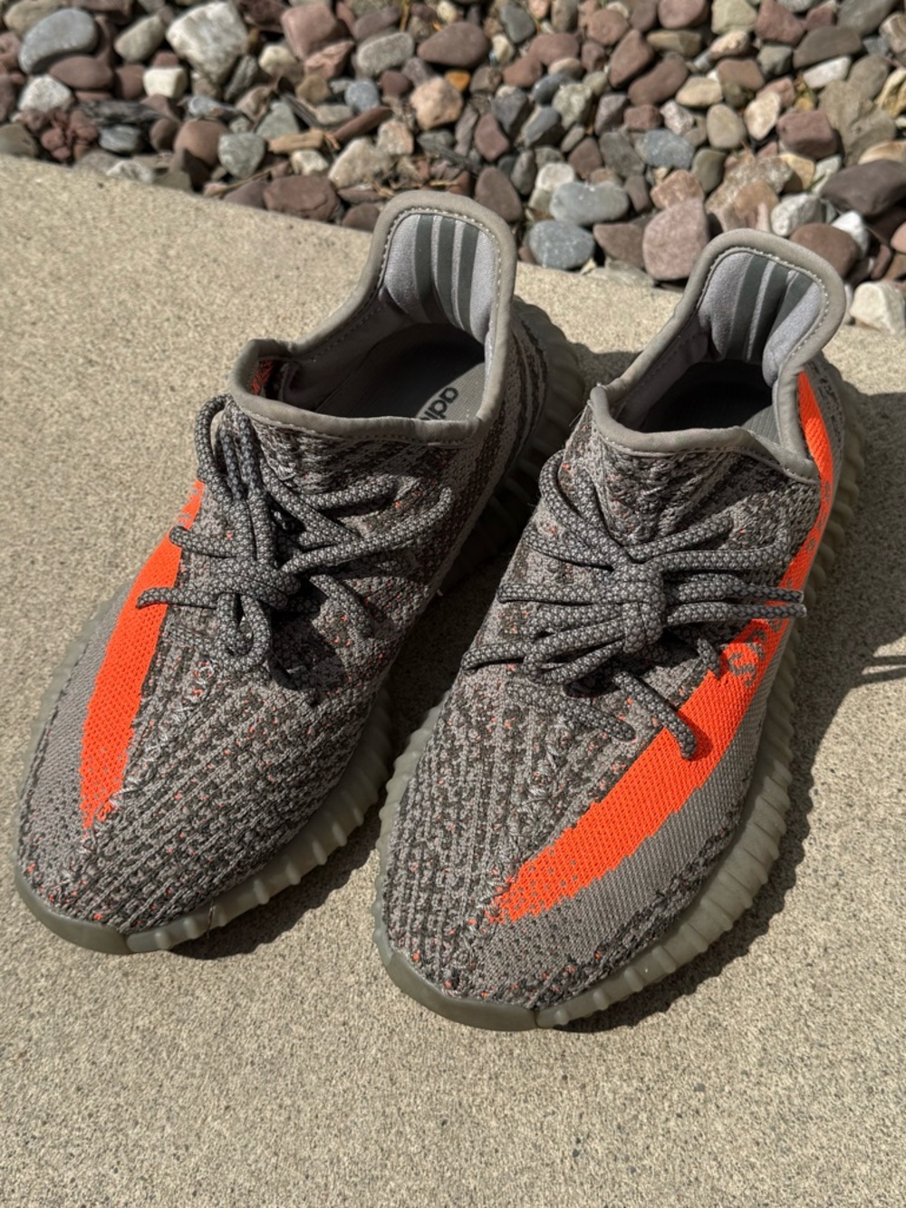 adidas unisex Grey Knit Sneakers with Bright Orange Stripe